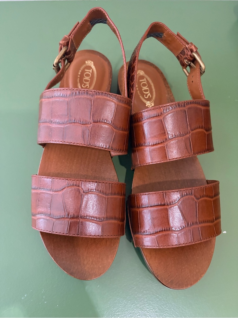 Tod's Croc-Embossed Tan Leather Double-Strap Slingback Sandals